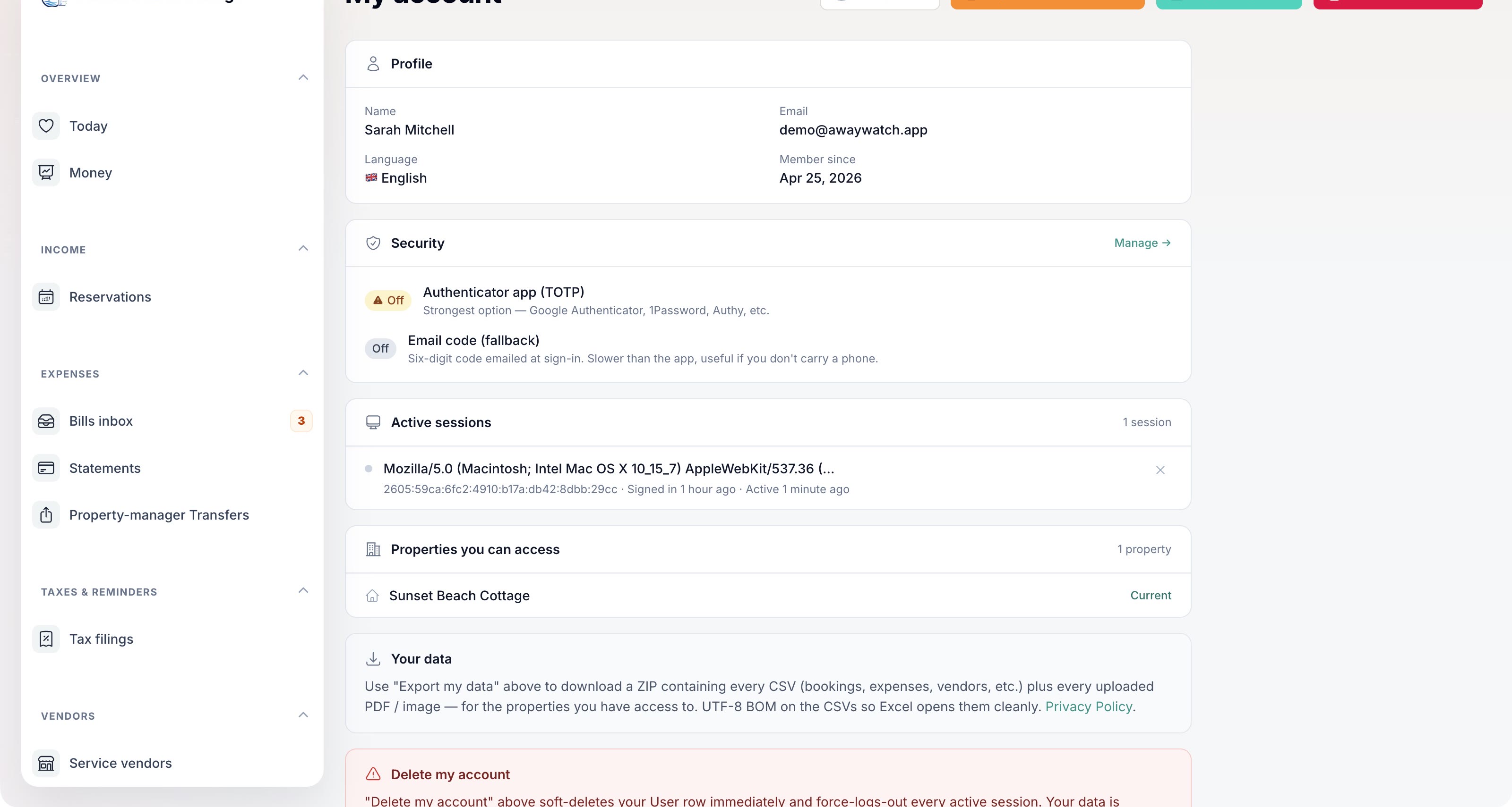 My account — security, sessions, data export, deletion