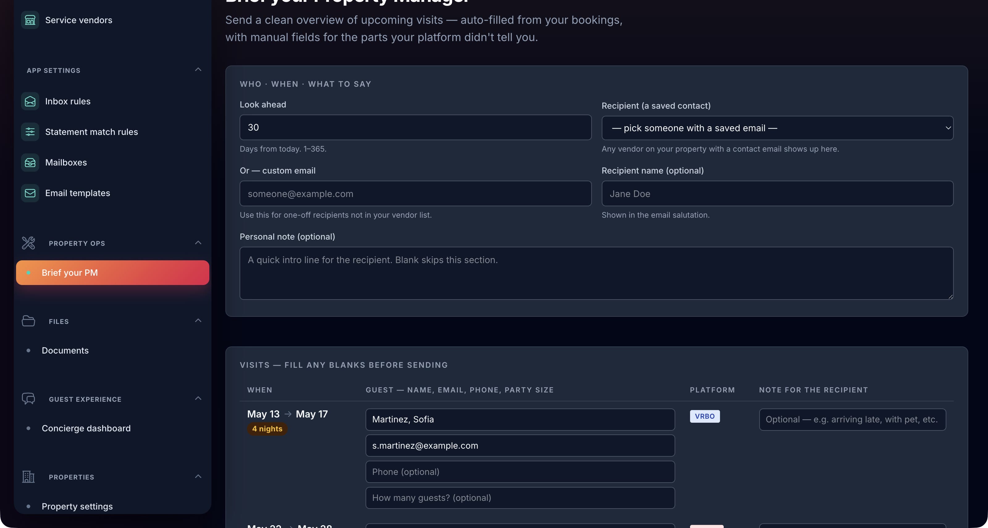 Brief your Property Manager — composer page with date window, recipient picker, and editable visit table